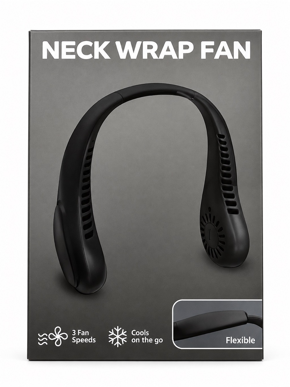 Portable Neck Wrap Fan Black 3 Speed Rechargeable USB-C Flexible